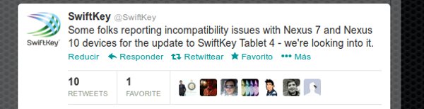 Tweet respecto a la incompatibilidad de SwiftKey con las tabletas de Google