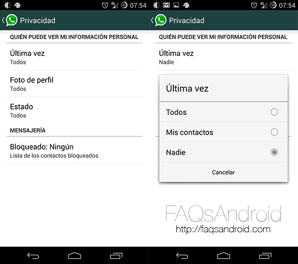 WhatsApp para android permite elegir quién puede ver la hora de la última conexión